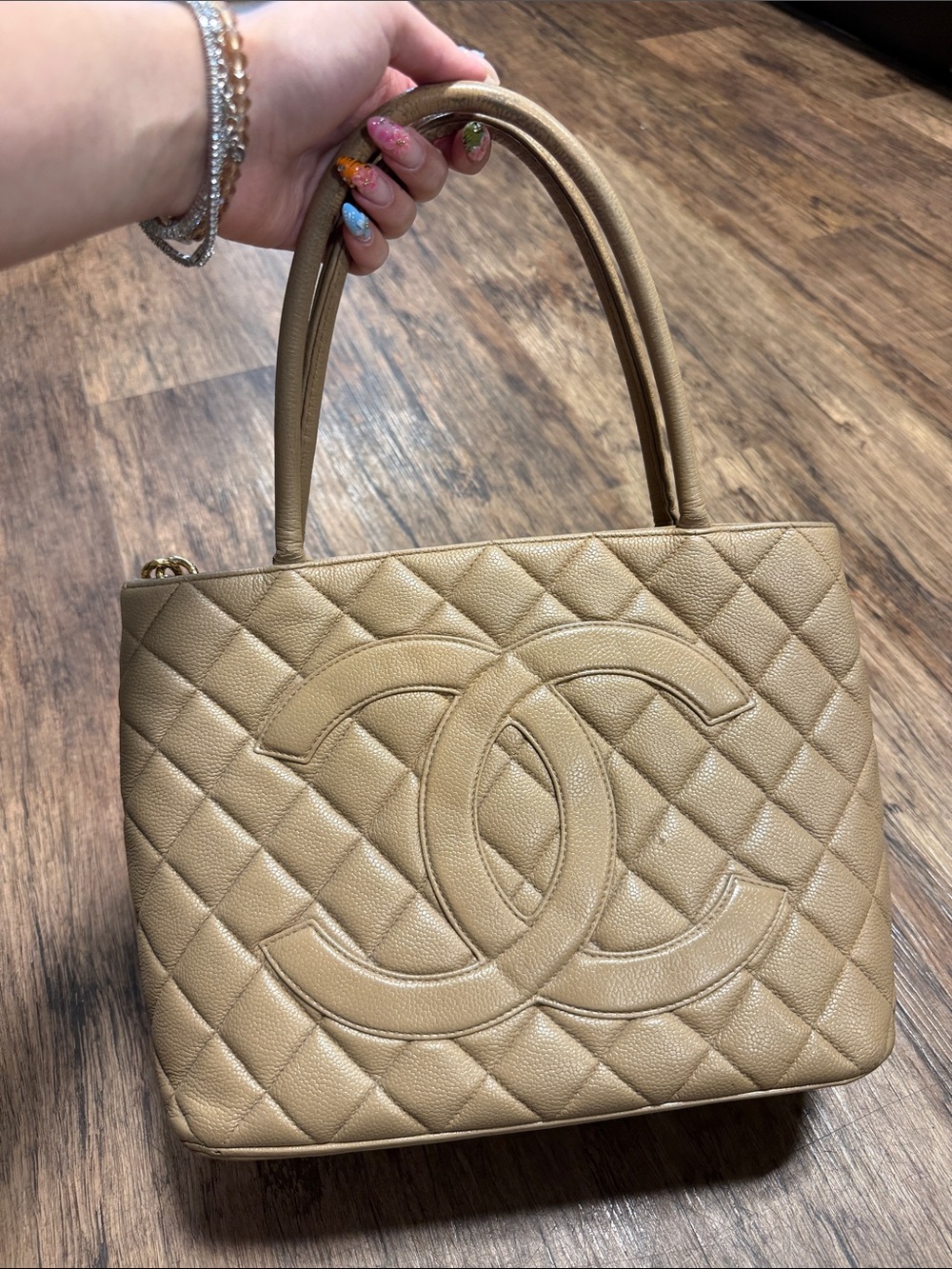 CHANEL Quilted Beige CC Logo Tote Bag
